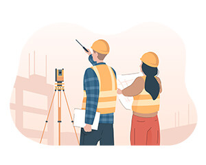 two surveyors , one man with brown hair and one woman with long black hair wearing hi viz and hard hats on a construction site