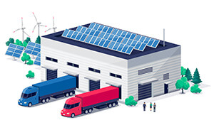 vector image of a grey commercial building with two HGV lorries parked outside