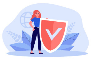 Tiny woman holding online virus protection shield. 