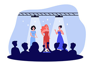 Celebrities performing on stage flat vector illustration. Popular women in chic outfits posing in front of crowd of journalists and fans. 