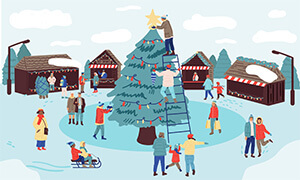 cartoon vector image of winter markets, in background, people decorating a large christmas tree in centre