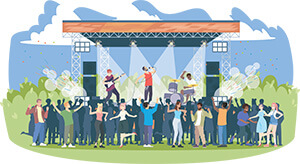 cartoon vector image. outdoor stage with three piece band playing, crowd of people gathered around dancing.