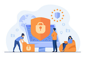 Tiny people protecting business data and legal information isolated flat vector illustration. General privacy regulation for protection of personal data. GDPR and privacy politics concept