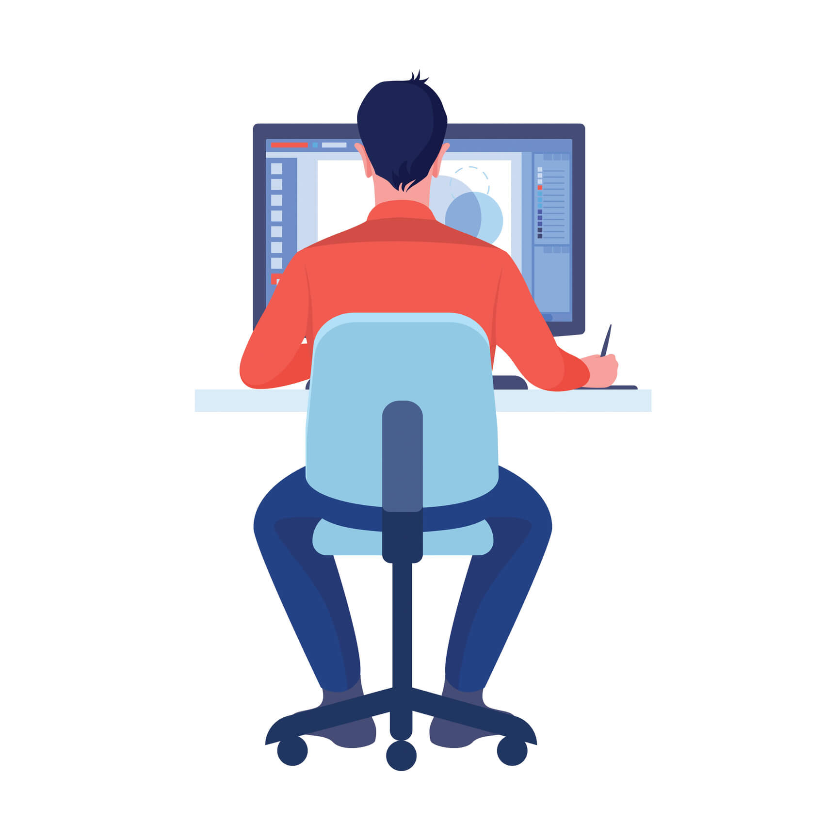 Computer graphics designer work on desk in office concept. Vector illustration