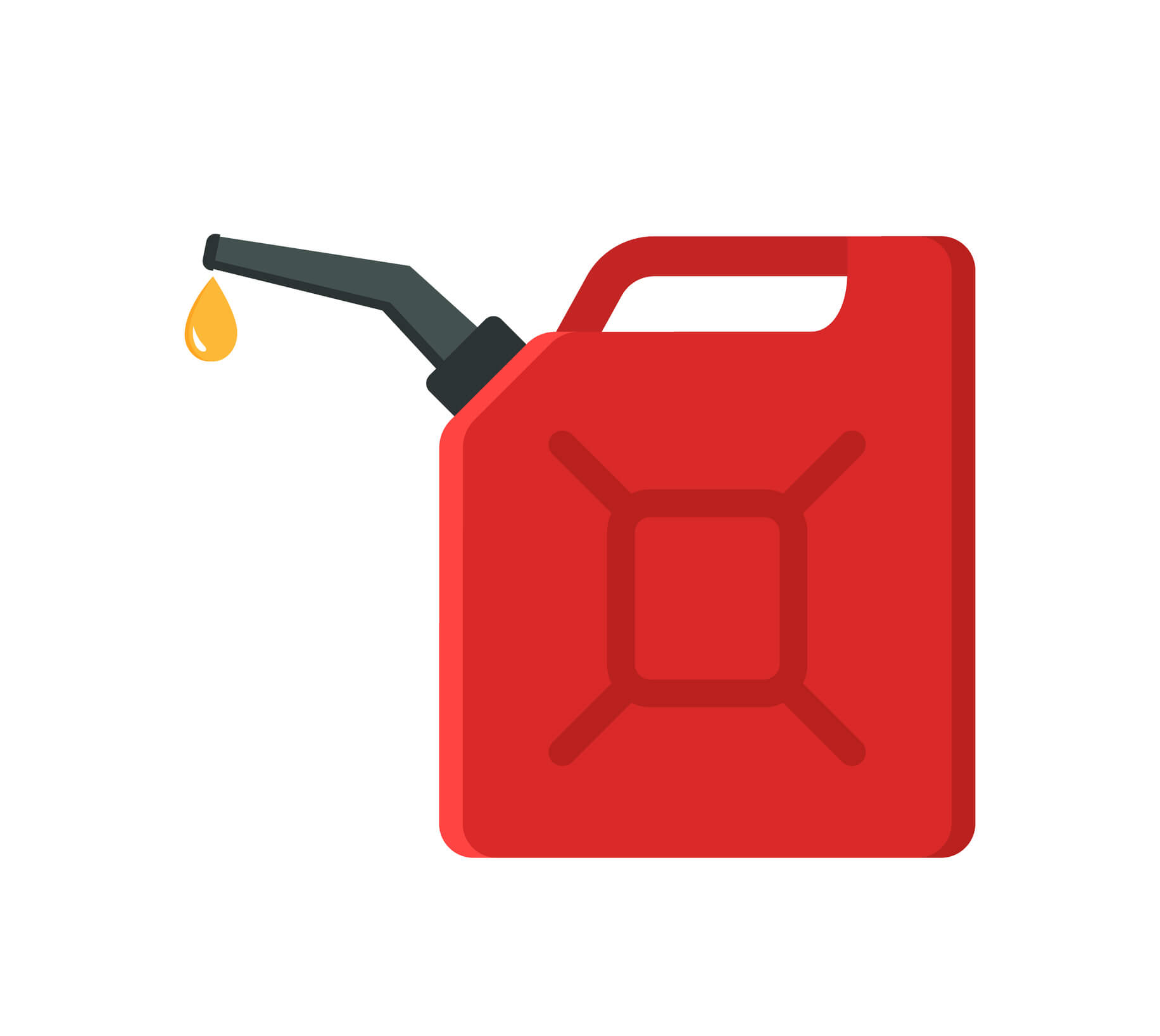 Can of fuel. Canister with gasoline. Red jerrycan with fuel. Icon of jerry for diesel and petrol. Plastic bottle for car. Flat cartoon icon. Vector.