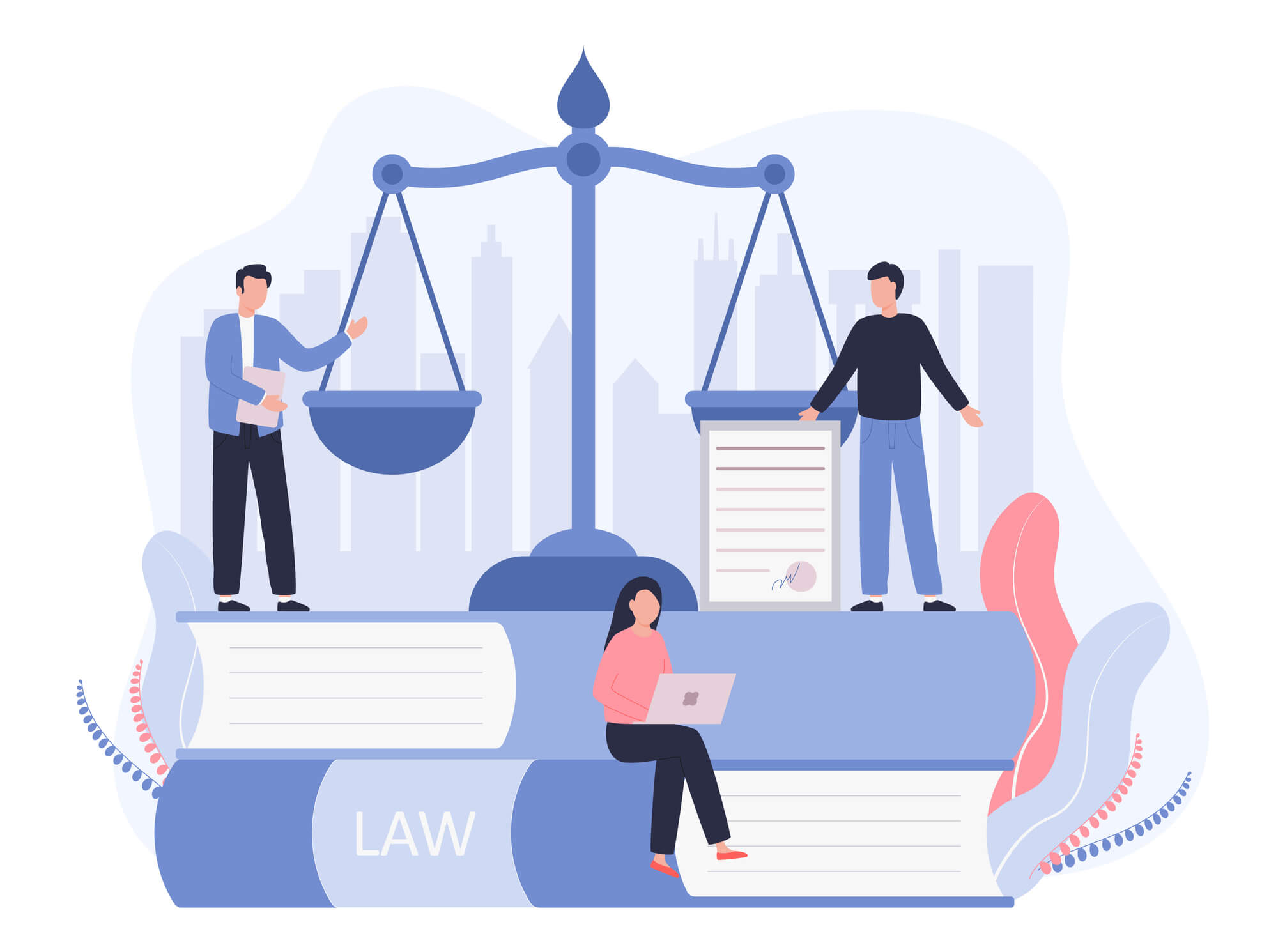 Concept Law, Justice. Legal service, services of a lawyer, notary. Men against the backdrop of the city discuss legal issues, a woman works on a laptop. Vector flat illustration on a white background.