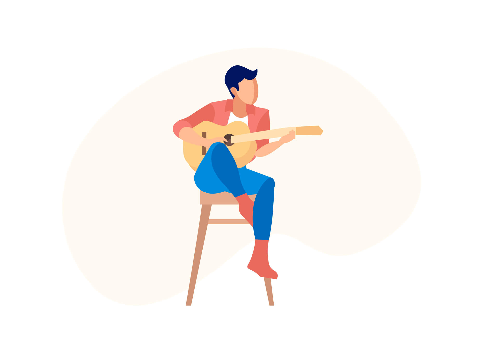 Young Man Playing Acoustic Guitar Sitting on High Chair Isolated on White Background. Pop Musician Character, Guitarist, Virtuoso Music Player Performing. Cartoon Flat Vector Illustration, Clip Art