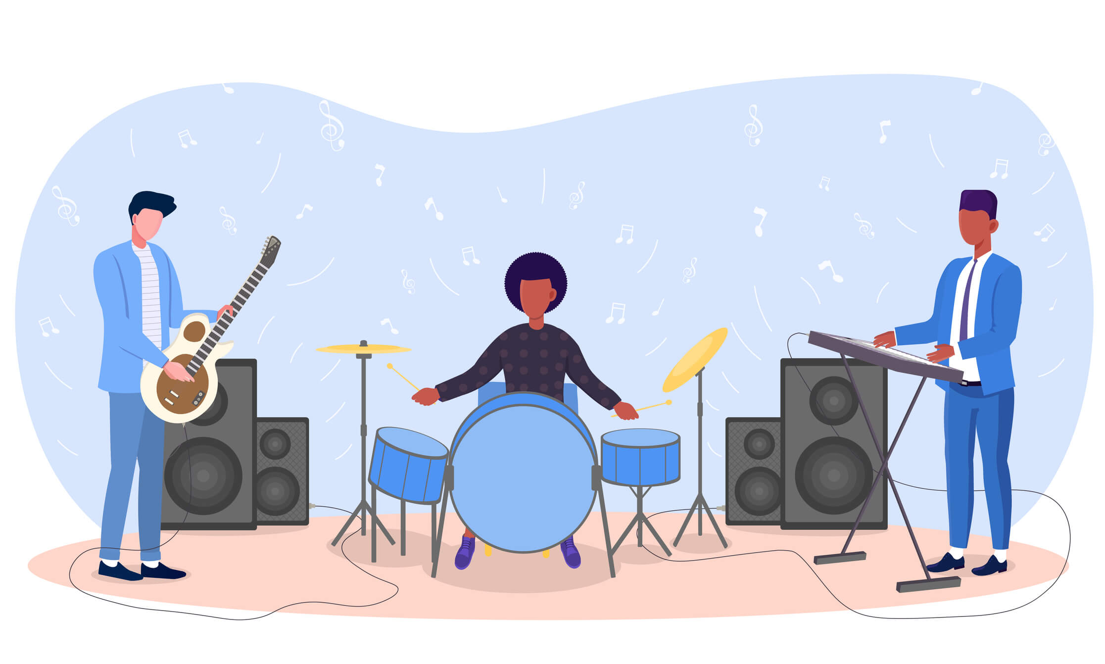 Musician insurance. Band and performer cover. Vector illustration of group of musicians
