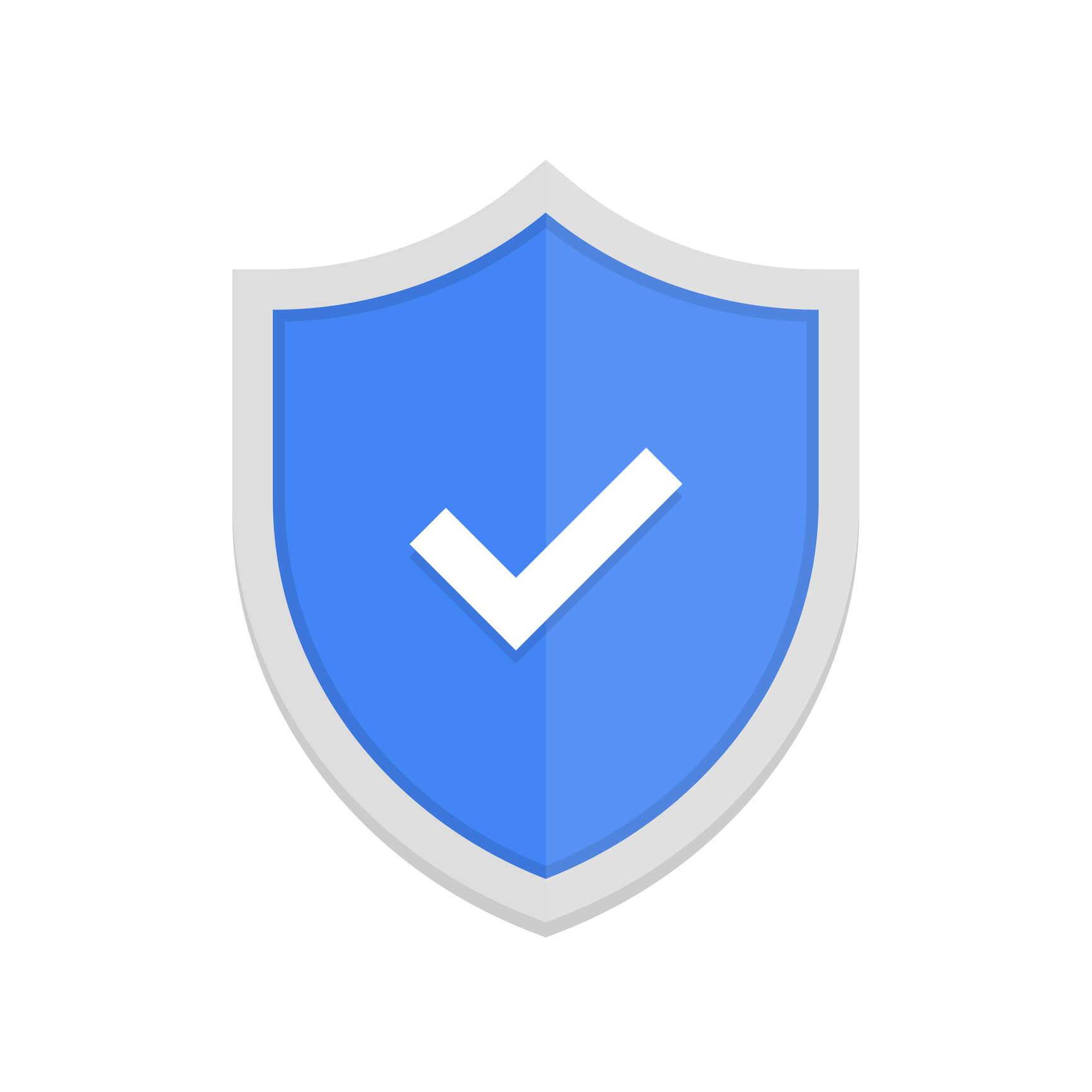 Blue badge icon with shield and check mark. Modern flat vector illustration.