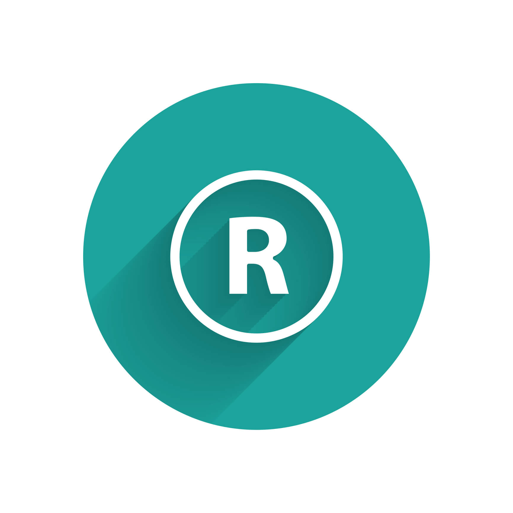 White Registered Trademark icon isolated with long shadow. Green circle button. Vector Illustration