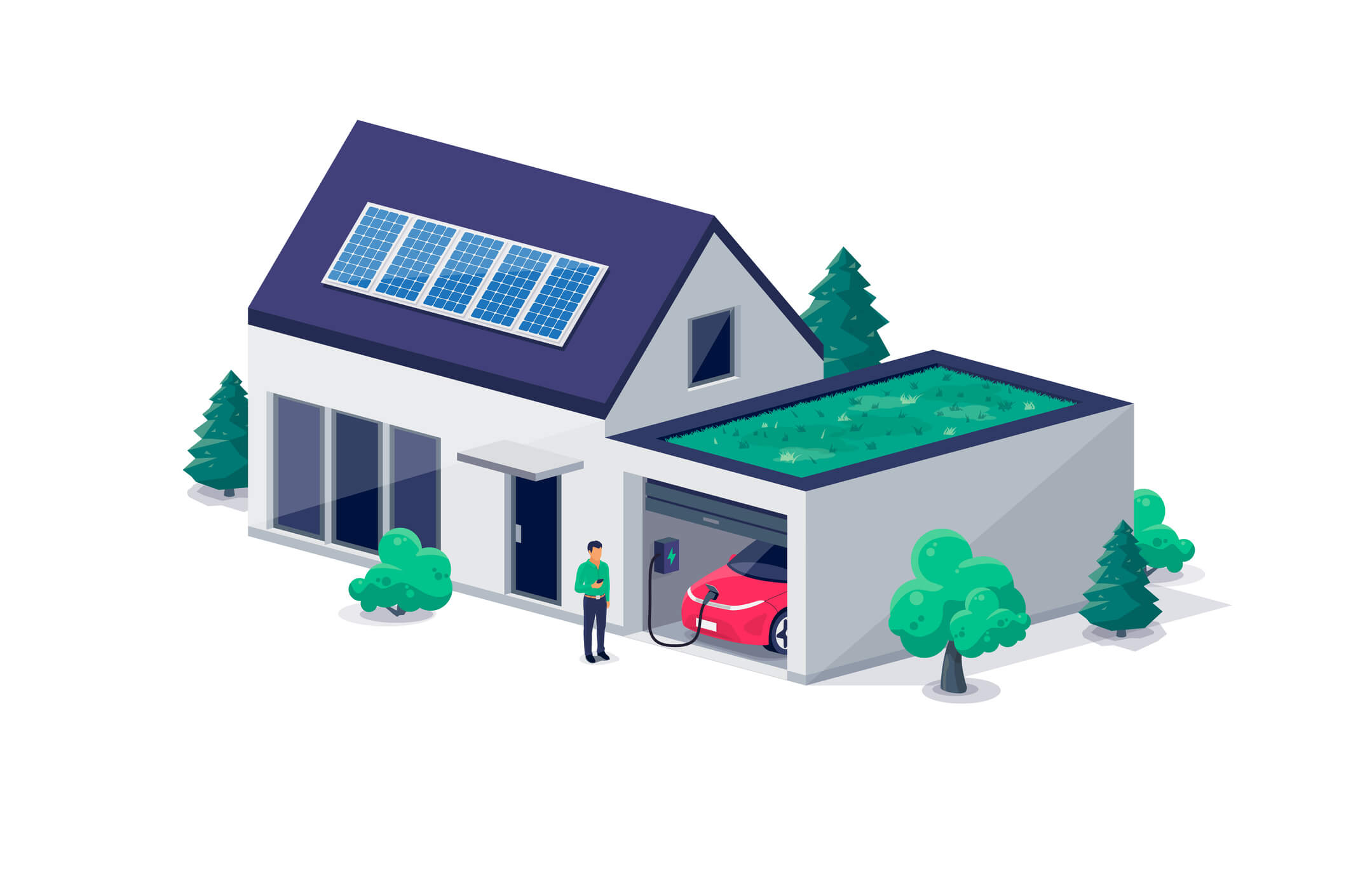 Electric car parking charging inside home garage and green roof wall box charger station.