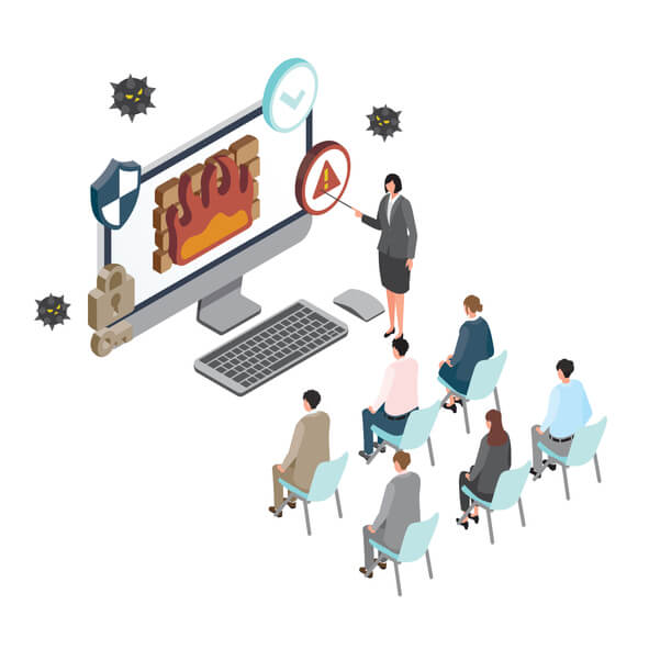 This is an isometric illustration of people taking a course on computer security.