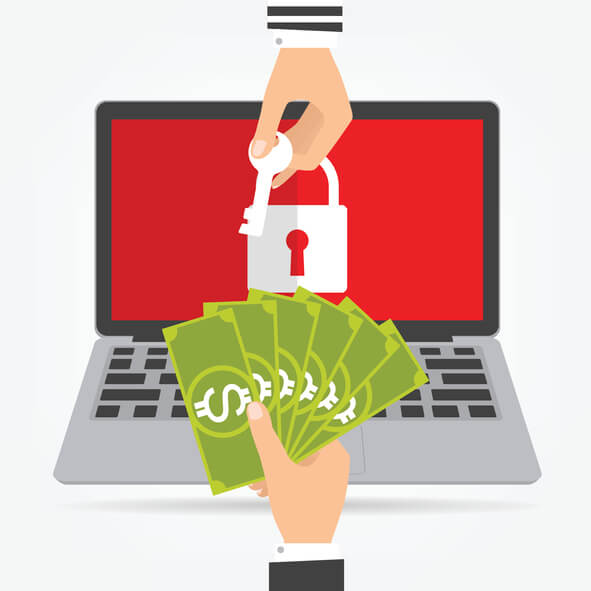 Businessman hand holding money banknote for paying the key from hacker for unlock laptop got ransomware malware virus computer. Vector illustration technology data privacy and security concept.